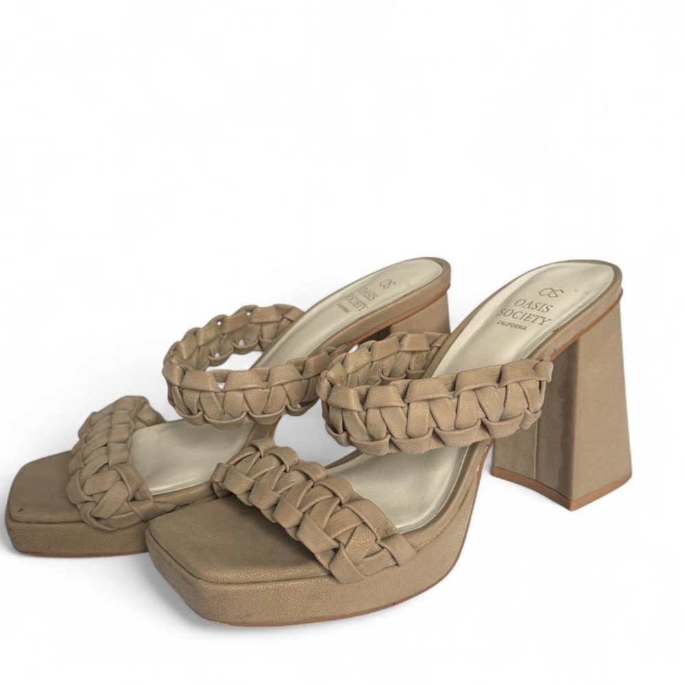 Oasis Society Woven Platform Mule Heels Neutral Braided block Heel Summer